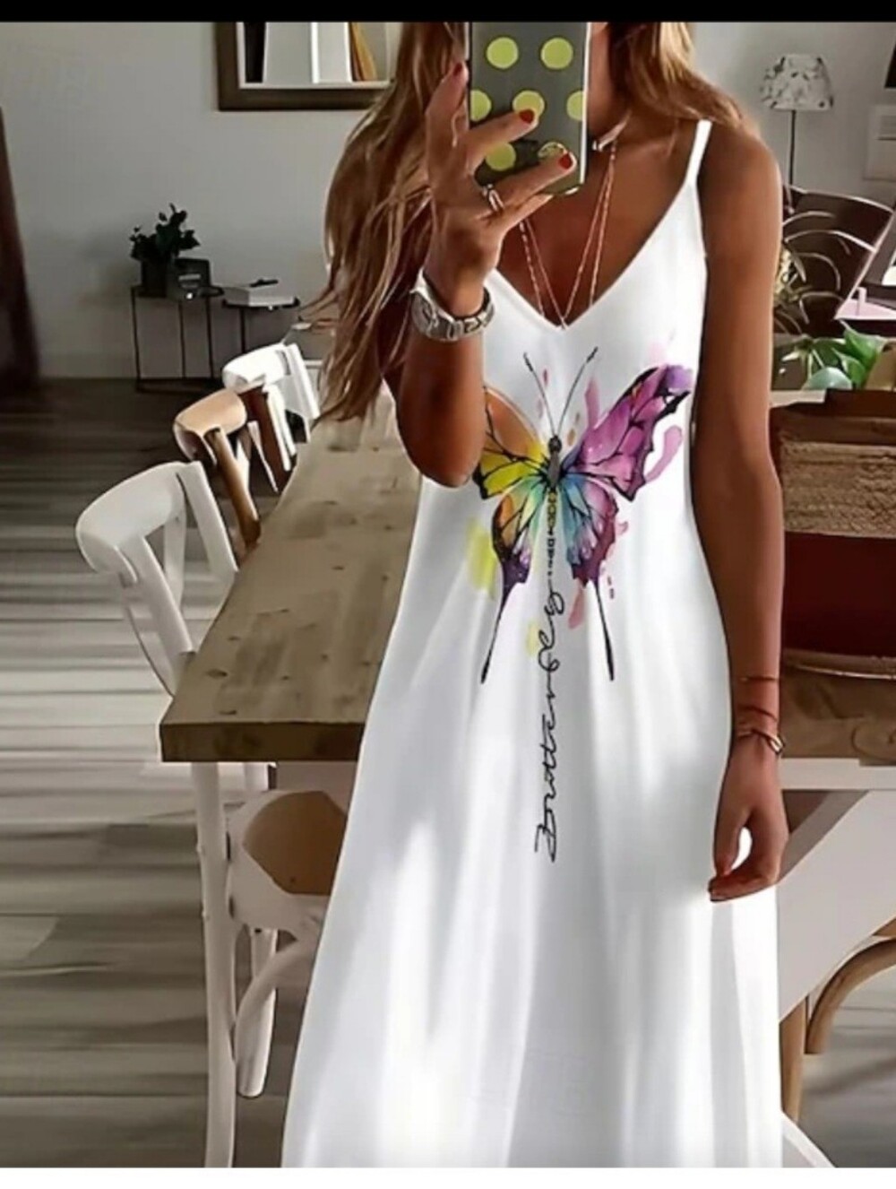 SHEIN Watercolor Butterfly Graphic Maxi Slip Dress - White / Size L